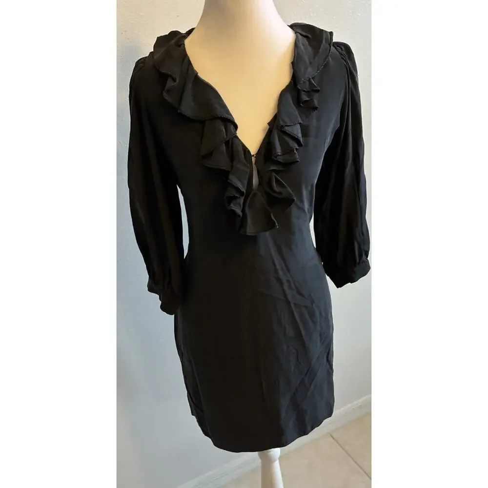 VTG 90s Black Silk Dress Ruffle Collar Whimsygoth Steampunk Vamp Dark Fairy S